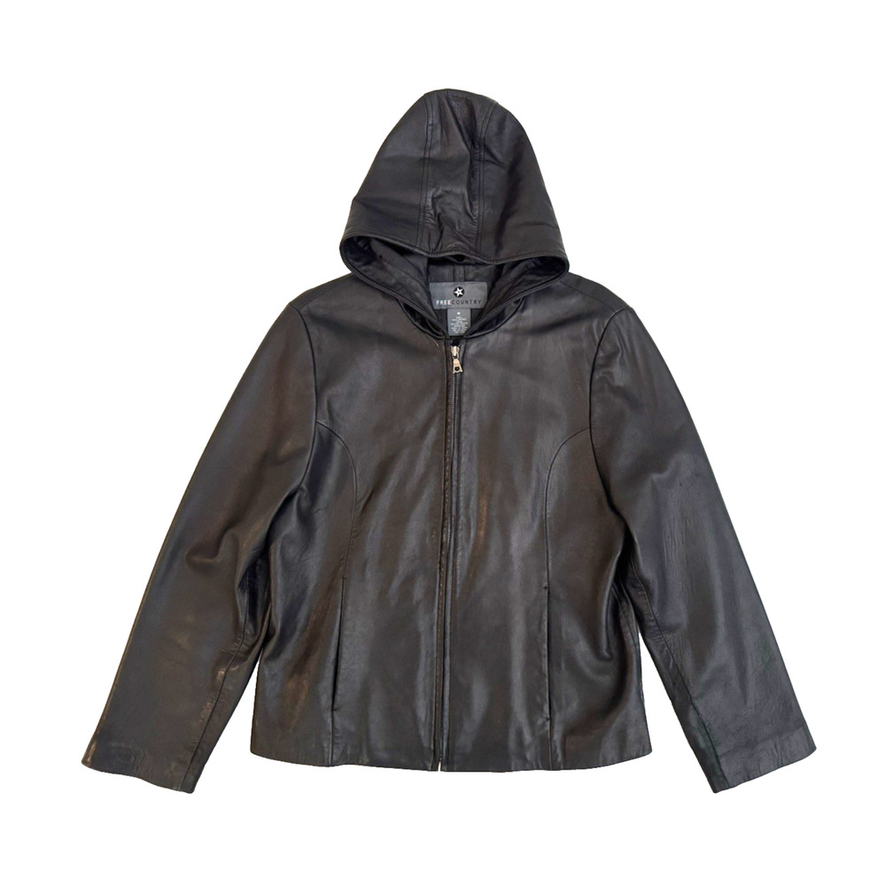 Free Country Black Leather Jacket Women M Zip-Front Hooded Pockets Buttery Soft